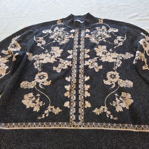 Chicos Bryne Jacquard Mockneck Pullover Sweater Black Gold Floral Size 3 US XL